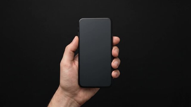 Hand holding modern smartphone with empty black screen against dark background