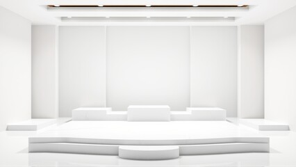 Fototapeta premium Minimalist white room. Stage platforms present center. Reflective floor creates symmetry, clean aesthetic. Lighting highlights geometric shapes.