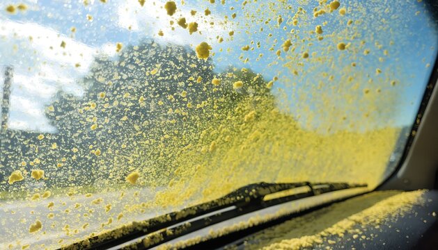 Yellow Tree Pollen Dust Covering Car Windshield On A Bright Sunny Spring Day With Blurred Road View