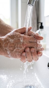 Hands washing with soap and water under faucet demonstrating personal hygiene sanitation cleaning disease prevention concept bathroom