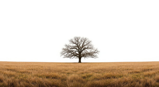 A solitary ancient oak tree with sprawling leafless branches stands centered in a vast, golden grassy field under a bright, clear, and featureless white sky during the quiet, dormant winter season.