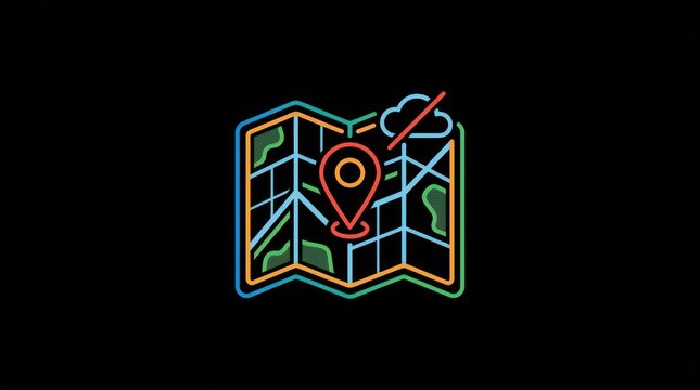 Offline navigation map icon glowing in neon colors. Digital travel guide symbol for GPS-free exploration and outdoor adventures.