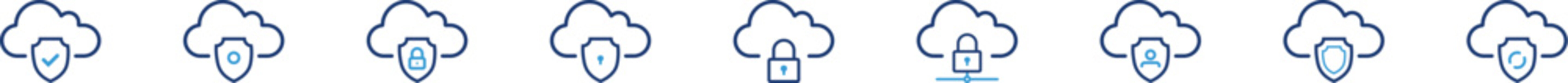 Cloud security lock icon in minimal outline style representing secure cloud computing. Cloud security system icon set in minimal outline style for data protection, network safety, and cybersecurity so