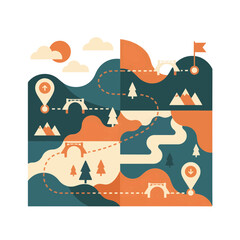 Naklejka premium Flat design travel adventure map vector illustration featuring scenic route landscape mountains location pins and landmarks for road trip and vacation concept