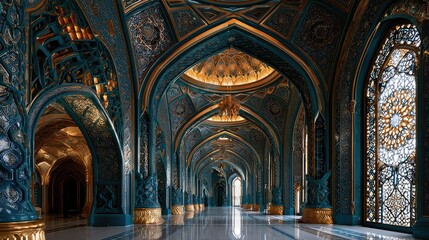 Fototapeta premium Grand mosque interior with intricate geometric patterns. Islamic architecture and ornate design.