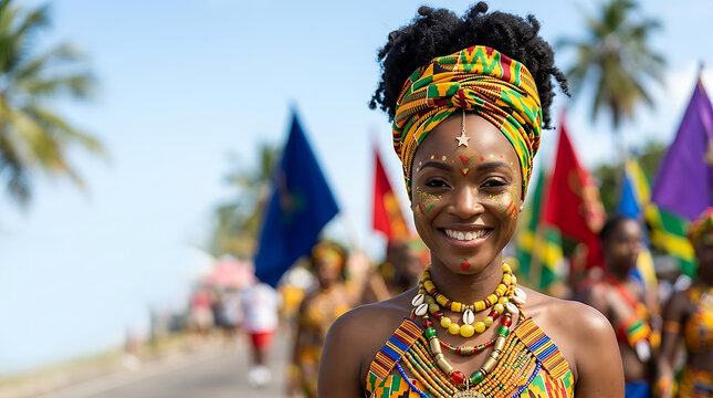 Beautiful African woman in traditional attire and kente cloth celebrating independence day during a vibrant cultural festival parade outdoors