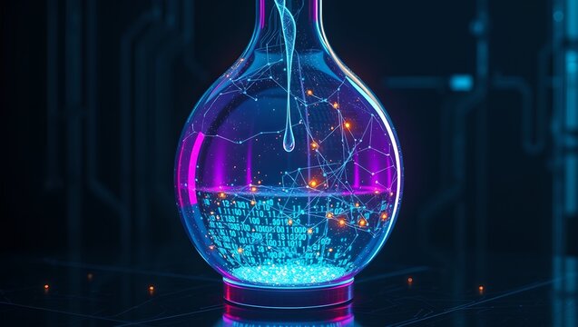 Digital Alembic Flask Distilling Raw Data into Binary Code Droplets for AI Technology and Machine Learning Concept