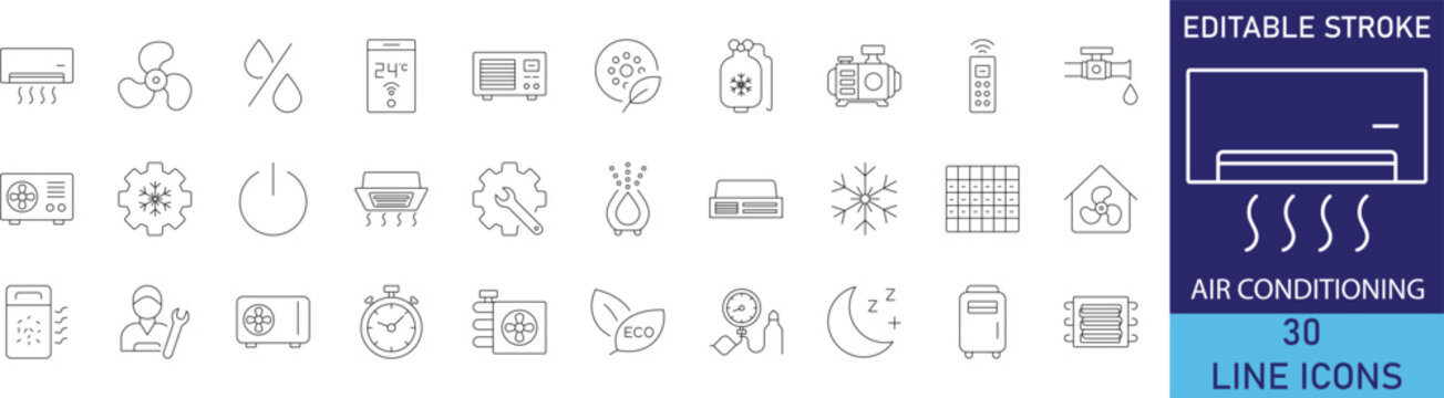 Air conditioning and HVAC climate control cooling system line icon set. Vector symbols for AC indoor unit, remote control, cold airflow snowflake, ventilation fan, and temperature thermostat.