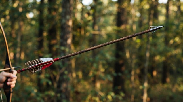 Archer holding wooden bow and hunting arrow aimed at target in sunlit woods outdoor