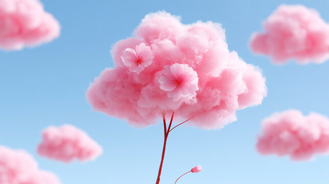 Surreal Cloud Tree With Pink Flowers Floating In Bright Blue Sky Background

