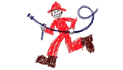 Obraz premium Child Drawing of a Smiling Firefighter Running with a Fire Hose