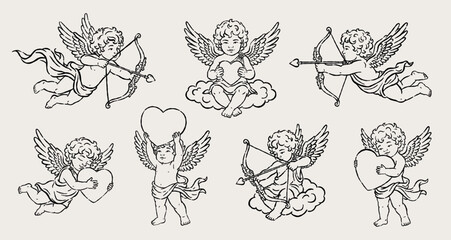 Obraz premium Hand drawn vintage cupid set with romantic love hearts and elegant bows. Line art amour sketches for beautiful February valentine celebration. Premium vector bundle for aesthetic wedding print design