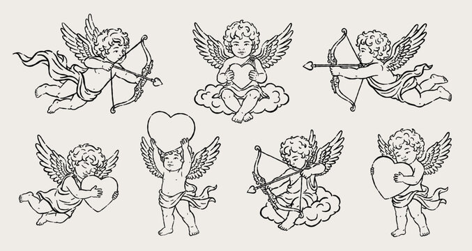 Hand drawn vintage cupid set with romantic love hearts and elegant bows. Line art amour sketches for beautiful February valentine celebration. Premium vector bundle for aesthetic wedding print design