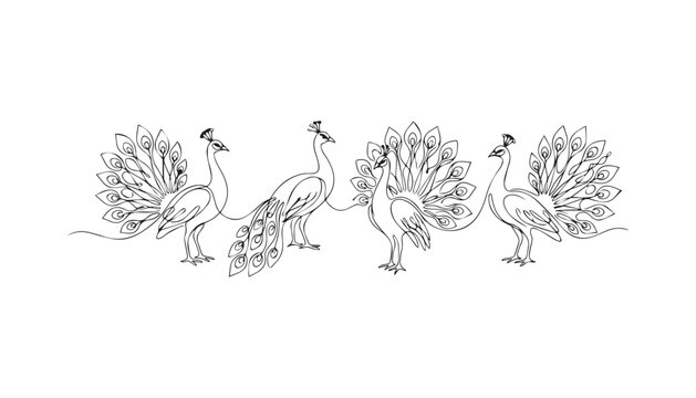 Continuous Simple black line art drawing set of Indian peafowl in a minimalist style on a white background.