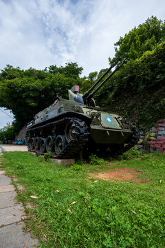 KINMEN, TAIWAN - MAY 15, 2026: A low angle view of an M42 Duster self-propelled anti-aircraft tank displayed as a historical military relic on Kinmen Island.

