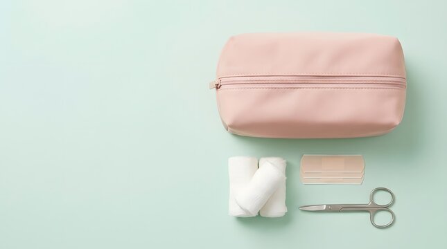 Minimal First Aid Kit Essentials With Cosmetic Pouch On Pastel Background