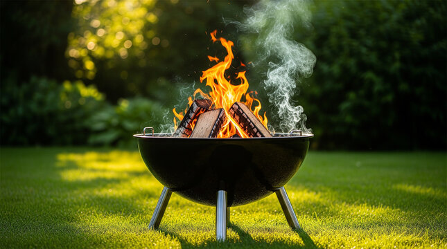 Fire pit burns with bright flames and rising smoke in a grassy backyard during the late afternoon.