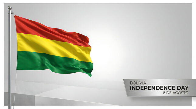 Bolivia flag and independence day celebration on 6 de Agosto with a national Bolivian waving flag and metallic banner over clean background