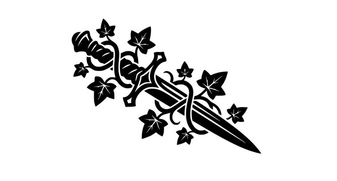 Fantasy Medieval Dagger with Twisting Ivy Vine Black Silhouette Vector Icon for Heraldic Crest Gaming Logo and Weapon Branding
