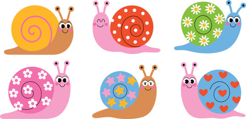 Cute snail collection, colorful cartoon garden characters isolated kids vector illustration design set for nursery © Sayed Creative
