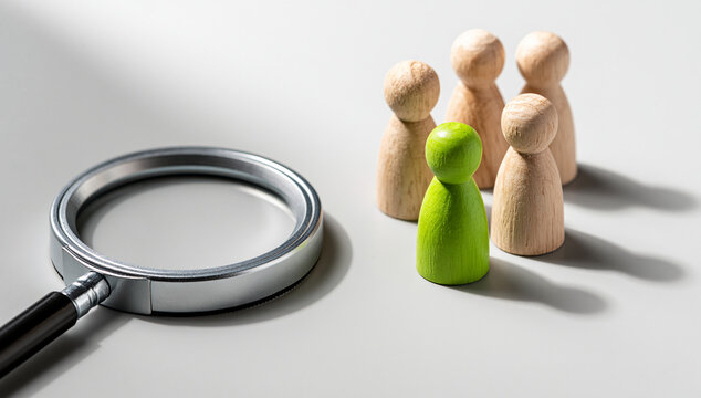Magnifying glass examining wooden human figure among others. Talent acquisition and employee evaluation.