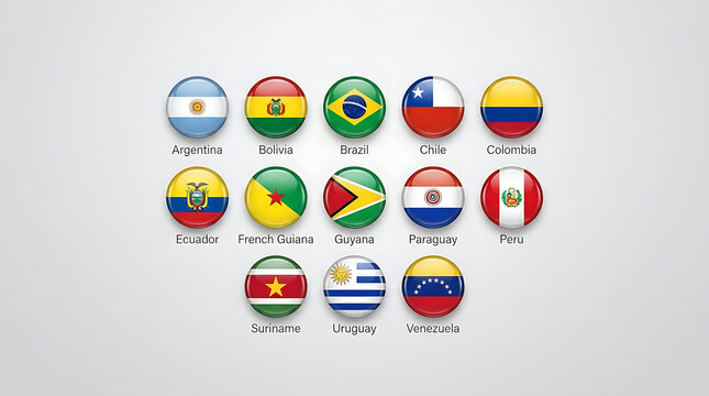 A comprehensive set of glossy south american flags and national flags designed as country icons for south america independence day and cultural