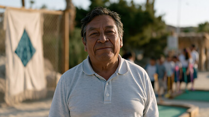Fototapeta premium Mini golf course attendant in polo shirt stands in harsh midday sun at a desert resort green, Guatemalan huipil textile hung as decorative backdrop on chain link fence, a