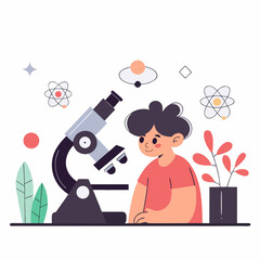 Flat vector illustration of a little boy character looking through a microscope to study science