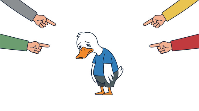 A sad crying duck character wearing clothes being pointed at by multiple human fingers in a flat vector graphic illustration