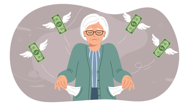Sad elderly woman showing empty pockets while green dollar bills with wings fly away in this colorful vector graphic illustration