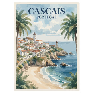 Cascais portugal coastal beach resort illustration with palm trees and ocean view portugal landscape watercolor illustration painting vacation destination tropical mediterranean architecture