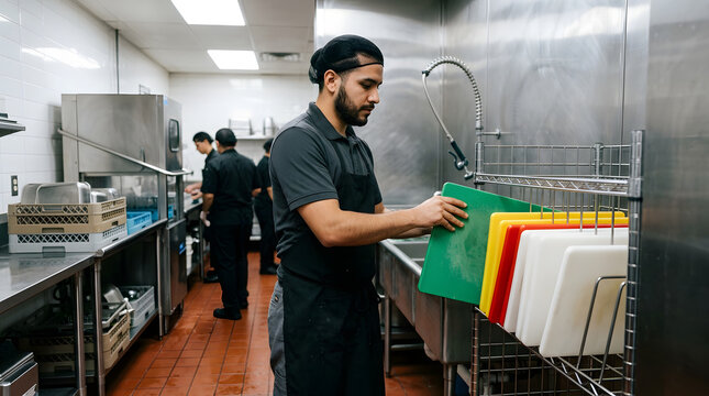 Kitchen staff organizing color coded cutting boards near washing station in restaurant