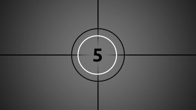 Vintage film leader countdown from 10 to 0 seconds on black background. Cinema movie reel timer effect screen.