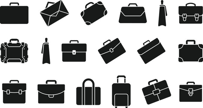 Collection of various black silhouette briefcase and luggage icons for business and travel design projects