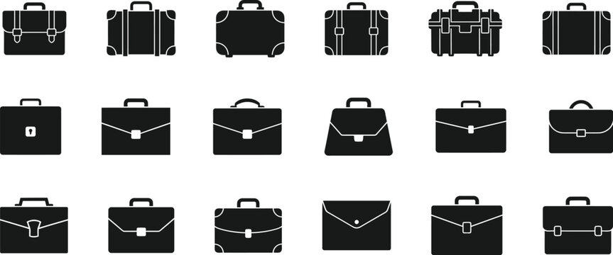 A collection of eighteen black silhouette icons representing various styles of vintage and modern briefcases
