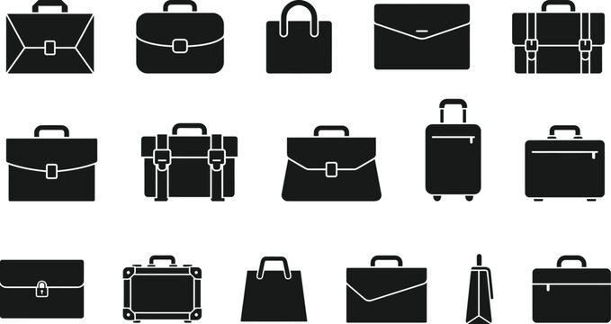 Set of black silhouette icons representing various styles of business briefcases and professional travel bags