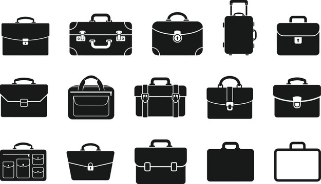 Set of various black briefcase and travel bag icons isolated on a white background
