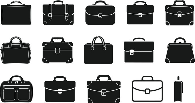Collection of various business briefcase icons and professional office bag silhouettes on white background