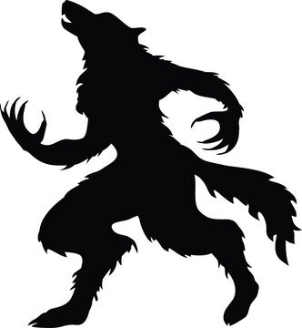 Howling werewolf silhouette, scary monster with sharp claws, standing creature with open mouth, horror character.