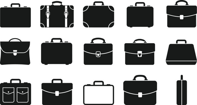 Collection of various black briefcase icons and business bag silhouettes for professional corporate design projects