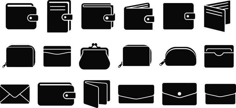 A collection of various wallet and purse icons isolated on a white background for design