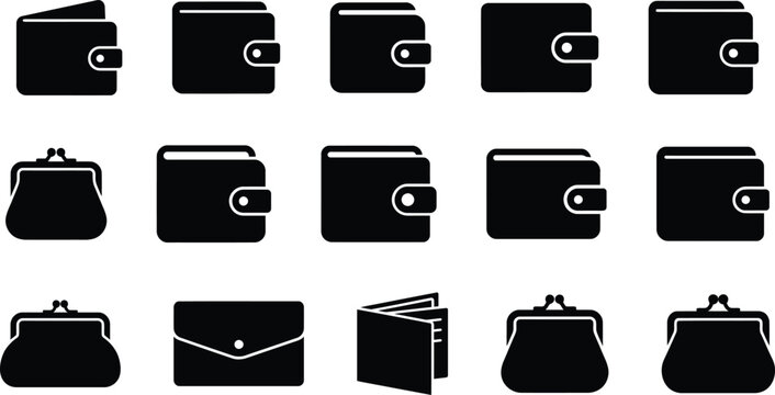 A collection of various wallet and purse icons isolated on a plain white background