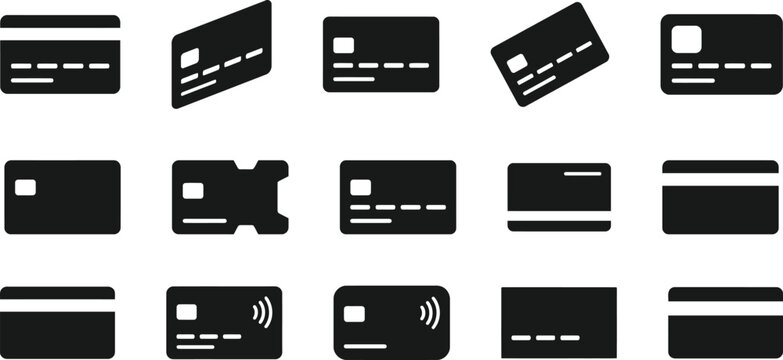 A collection of black credit card icons showing various angles and designs for financial payment systems