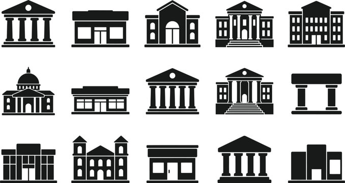 Set of black silhouette icons representing various types of public buildings and government office structures