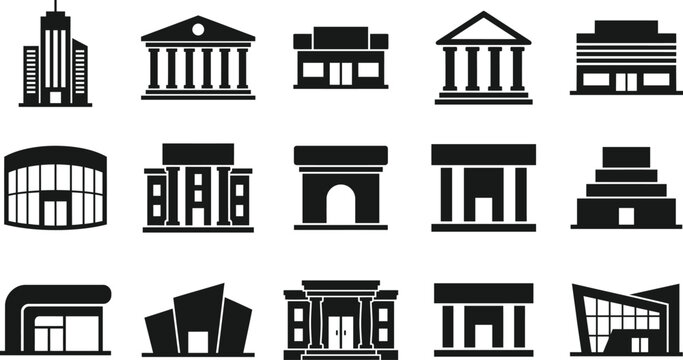 Set of black silhouette icons representing various types of modern and classical public building structures
