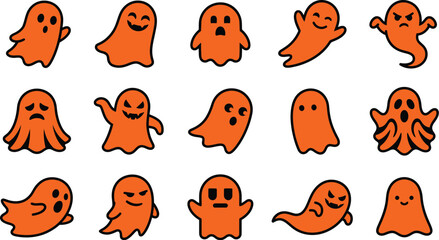 Fototapeta premium Set of cute orange ghost characters with various expressions for halloween party decorations and digital festive design projects