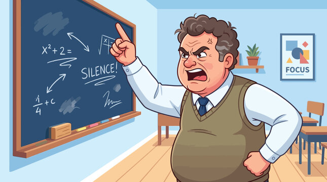 Angry male teacher pointing at a blackboard in a classroom setting as a vibrant vector graphic illustration for educational designs