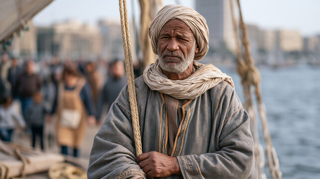 Egyptian felucca sailor adjusts rigging on Nile working boat against busy Cairo waterfront, brow technician in apron carrying kit bag walks the crowded corniche behind him, family