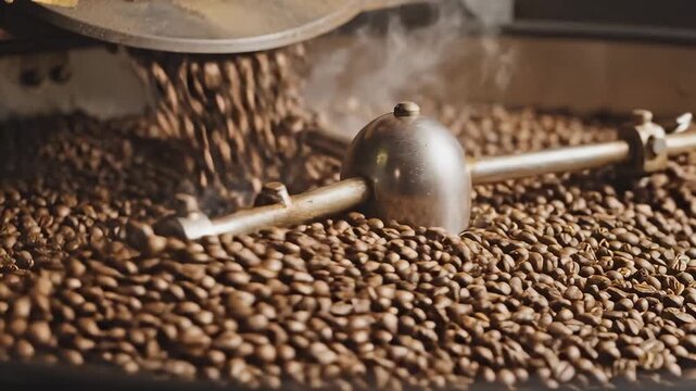 Coffee beans roasting in an industrial machine with metal agitator