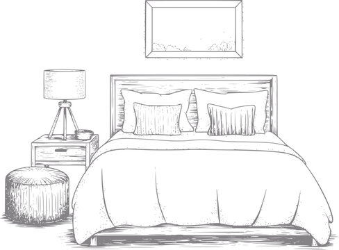 Dibujo a mano del interior de un dormitorio moderno y acogedor con cama, mesita de noche, l&aacute;mpara y decoraci&oacute;n de pared